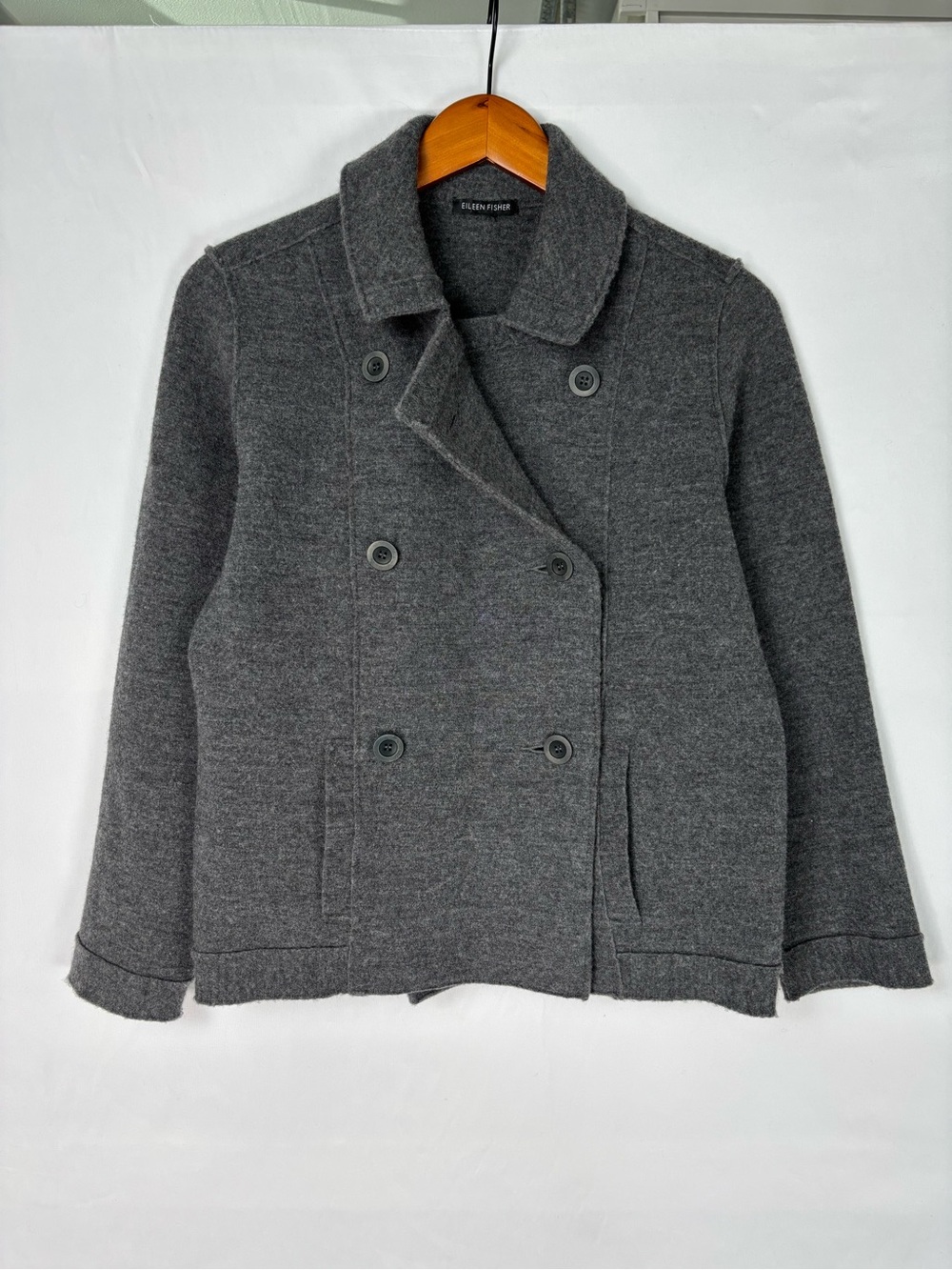 Eileen Fisher Double Breasted Wool Coat Jacket Gray Women Collared